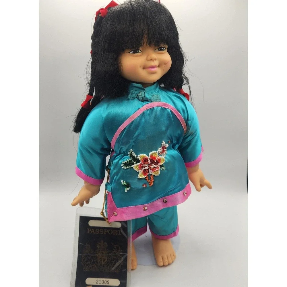 Vintage Chinese Ruby Doll Turquoise Satin Brocade Outfit Passport and Stand